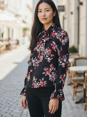 Lauren Ralph Lauren Black Multi Floral Tie-Neck Blouse Ruffle Trim Medium